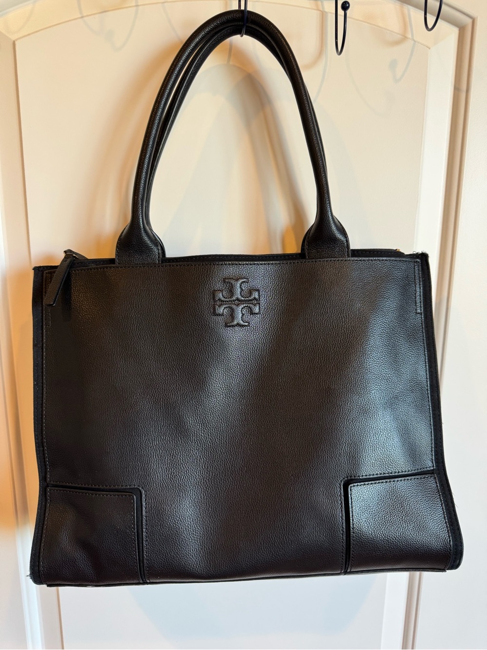 RARE Tory Burch Ella Leather Tote – Black | Canvas Side Panels | Large Work Bag